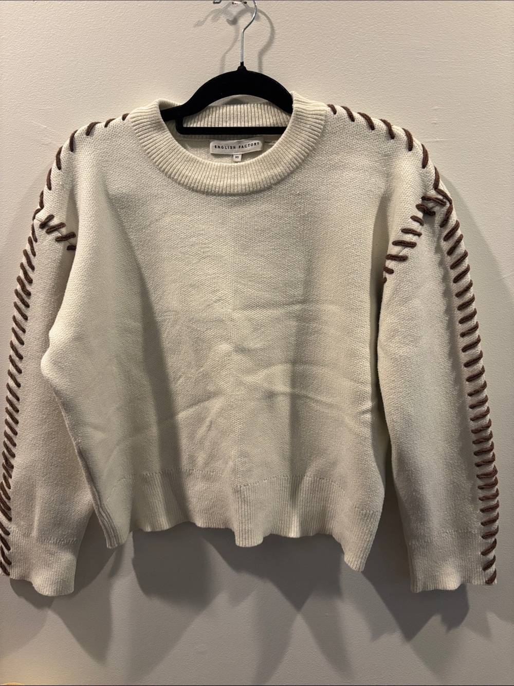 English Factory Cream Crewneck Sweater with Brown Whipstitch Detail